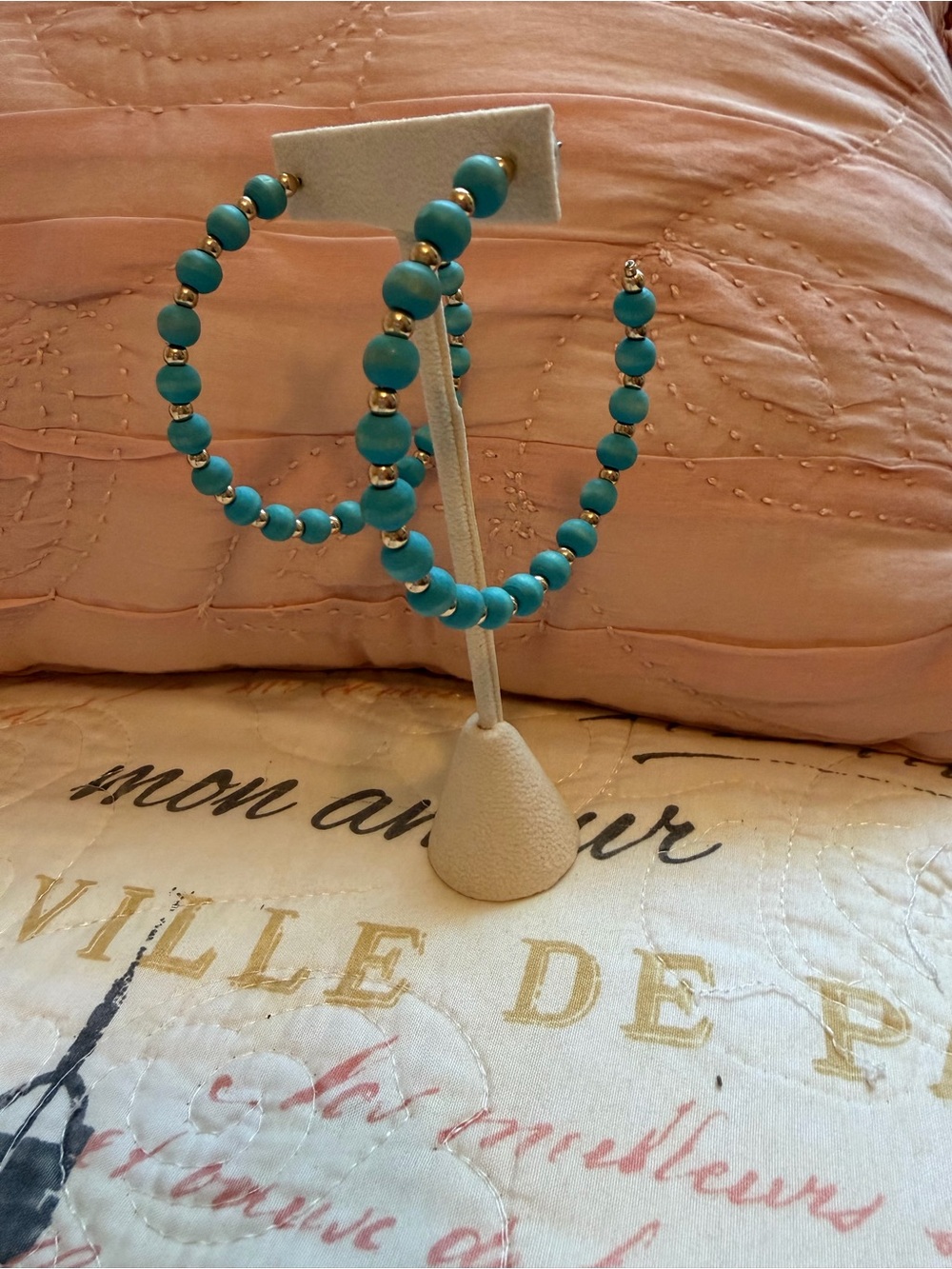 Turquoise Beaded Hoop Earrings with Gold Accents - Women's Jewelry